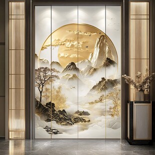 中式山水金纹屏风装饰画