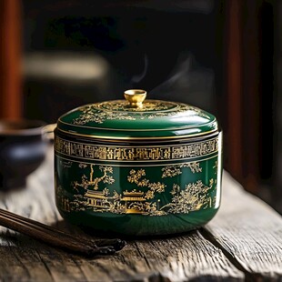 绿釉描金茶叶罐古朴雅致