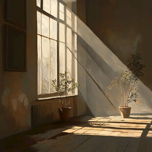 阳光洒落的静谧室内角落