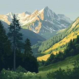 山间绿野中的壮丽雪山