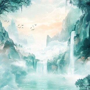 梦幻山水间 飞鸟伴瀑景