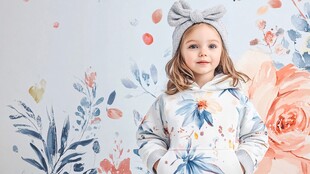 可爱萌娃身着印花连帽衫