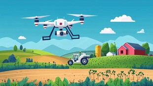 农田上空的无人机与拖拉机