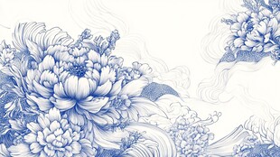 青花瓷韵牡丹海浪图案