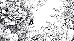 黑白花卉海浪创意插画