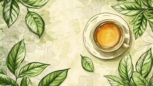 手绘风绿植环绕的咖啡杯