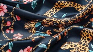 豹纹花卉链条印花丝绸面料