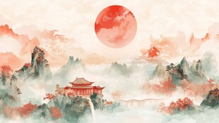 红日映山水楼阁图