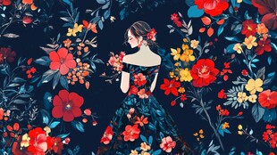 花中佳人背影插画