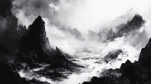 黑白水墨风壮丽山海景观