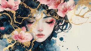 梦幻花饰少女水彩插画