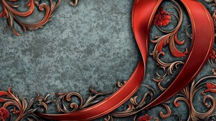 复古红丝带花纹背景图