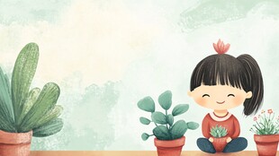 小女孩与可爱盆栽时光