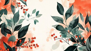 橙白背景下的绿植红果图案