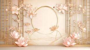 中式粉荷金框背景墙