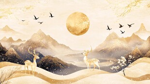金色山水间的鹿与飞鸟