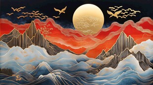 月夜山河飞鸟壮丽图景