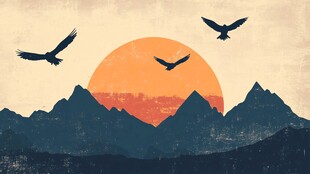 夕阳飞鸟越山峦