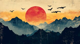 夕阳群山飞鸟壮丽景观