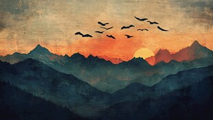 日暮飞鸟越山峦