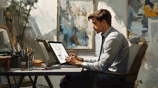 插画师专注创作于工作室