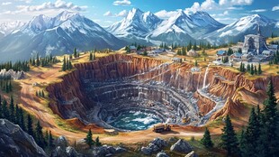 高山环绕的神秘矿坑景观