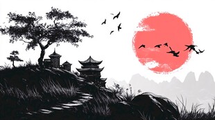 中式山水落日飞鸟图景