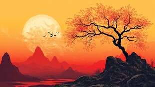 夕阳孤树山水壮美画卷