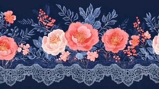 深蓝底花卉蕾丝边装饰图案