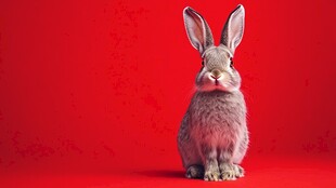 红色背景下的可爱灰兔子