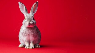 红背景前的可爱灰兔子
