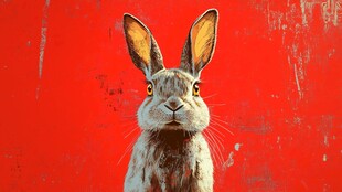 红色背景前的可爱兔子