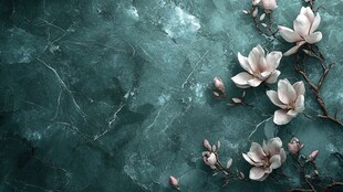 玉兰花枝点缀墨绿背景