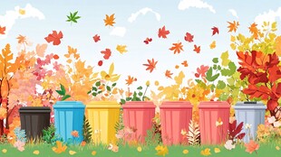 秋日多彩垃圾桶与落叶风景