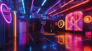霓虹闪烁的炫酷室内篮球场