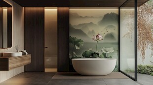 中式风浴室 诗意山水浴缸景