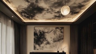 中式客厅天花板水墨云纹设计