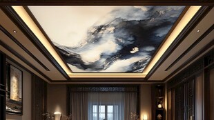 中式客厅 水墨云海天花板