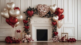 浪漫心形气球装饰的壁炉