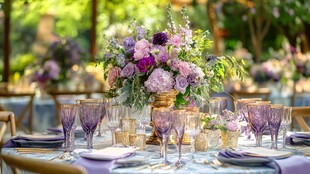 紫色系浪漫户外宴会餐桌布置