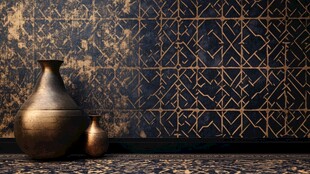 复古墙前的精致铜制花瓶