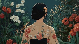 花丛中的古典背影女子