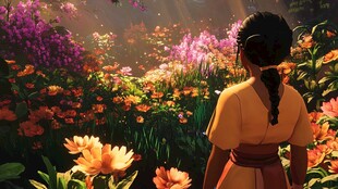 女孩漫步绚烂花海