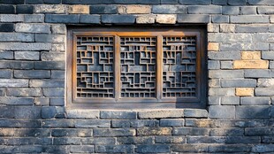 中式古砖墙镂空木窗景观