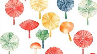 彩色纸伞蘑菇等水彩插画