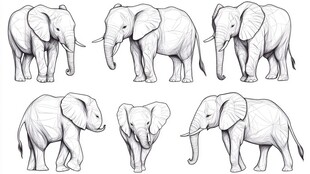 多姿态大象线条插画