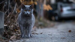 灰猫于秋景中悠然伫立