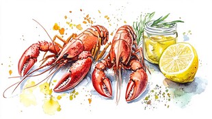 水彩绘鲜活小龙虾与佐料