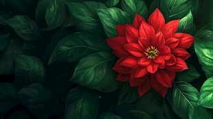 一朵艳红绽放于绿叶间