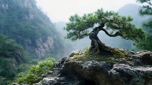 崖上孤松傲立山川之间